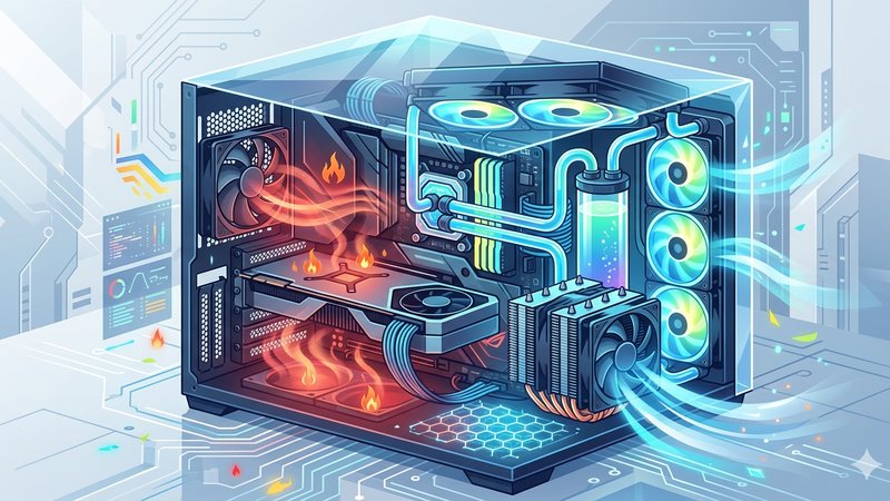 Современная иллюстрация системы охлаждения компьютера с вентиляторами и радиаторами для статьи о борьбе с перегревом.