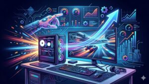 Современная иллюстрация для статьи об оптимизации Windows 12 для повышения FPS в компьютерных играх