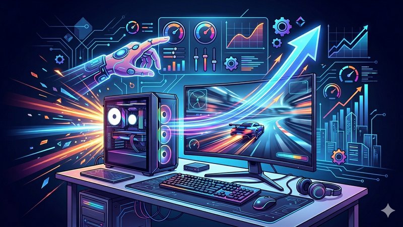 Современная иллюстрация для статьи об оптимизации Windows 12 для повышения FPS в компьютерных играх
